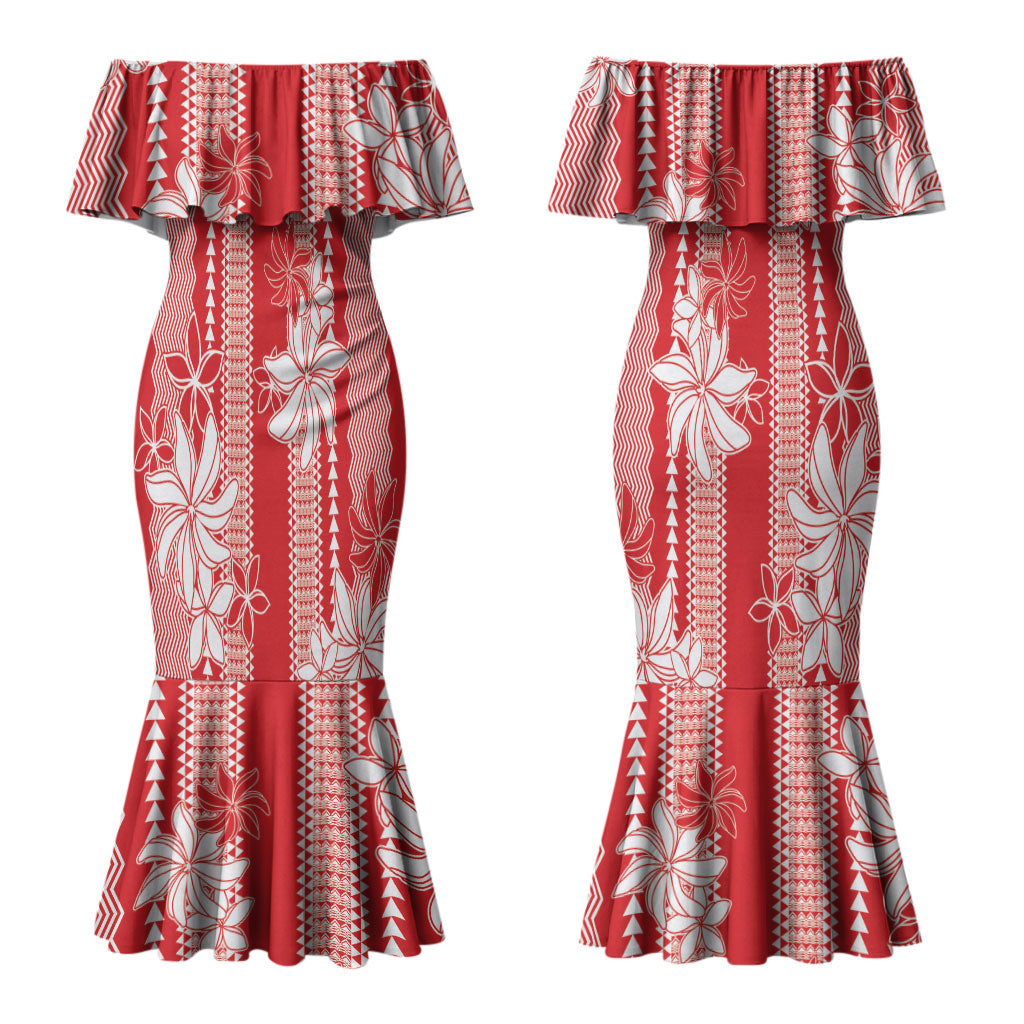 Hawaii Kakau Tribal Couples Matching Mermaid Dress and Long Sleeve Button Shirt With Red Tiare LT05