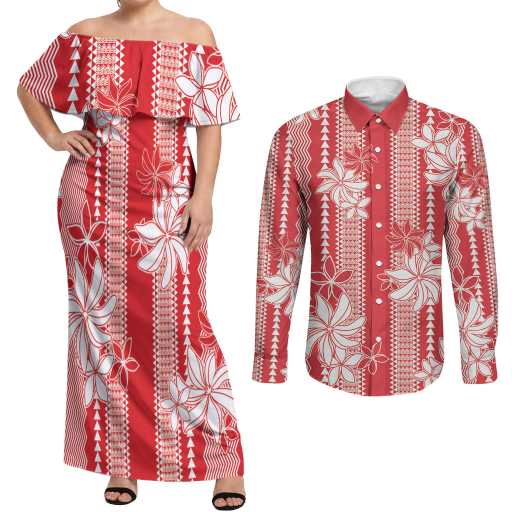 Hawaii Kakau Tribal Couples Matching Off Shoulder Maxi Dress and Long Sleeve Button Shirt With Red Tiare LT05 Red - Polynesian Pride