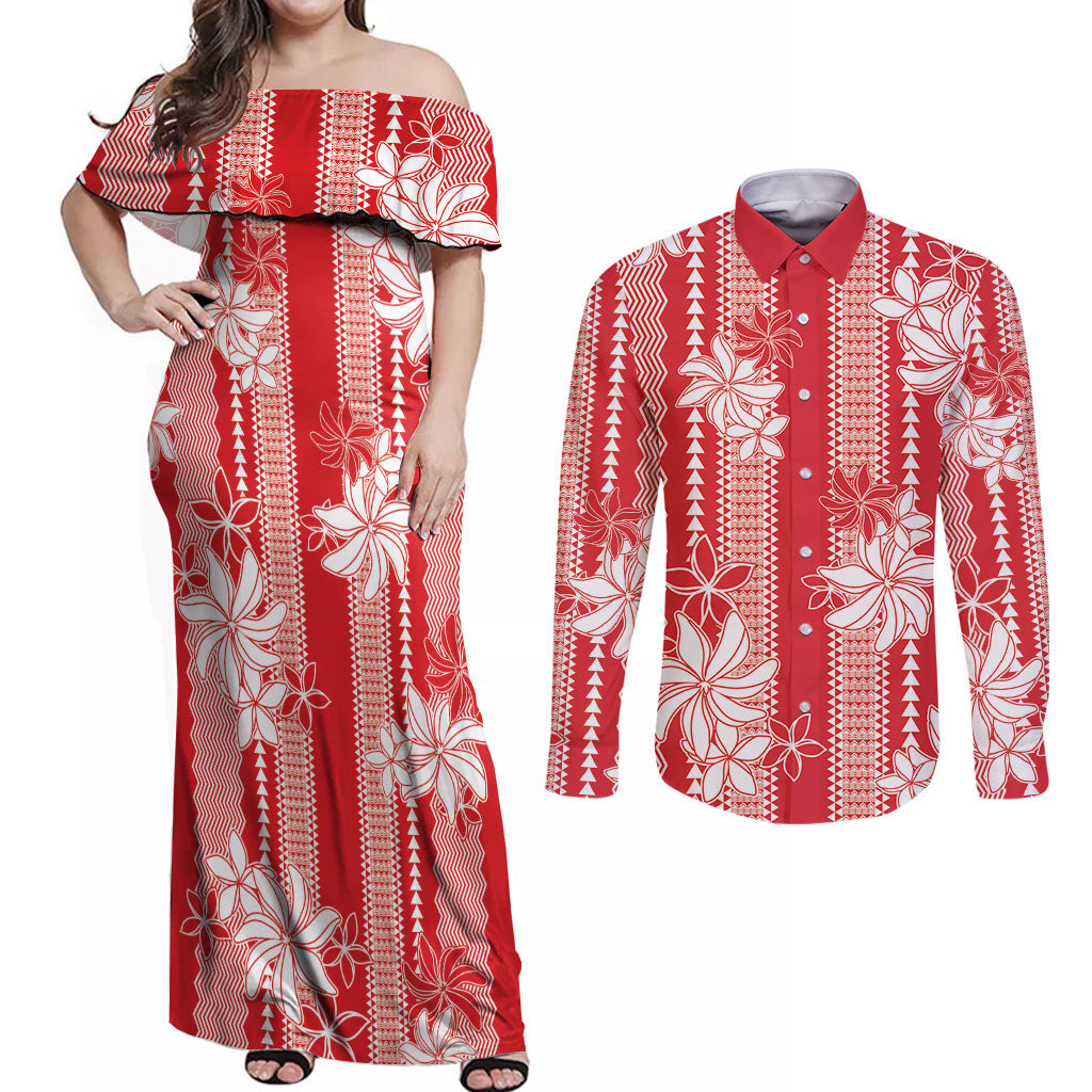 Hawaii Kakau Tribal Couples Matching Off Shoulder Maxi Dress and Long Sleeve Button Shirt With Red Tiare LT05 Red - Polynesian Pride