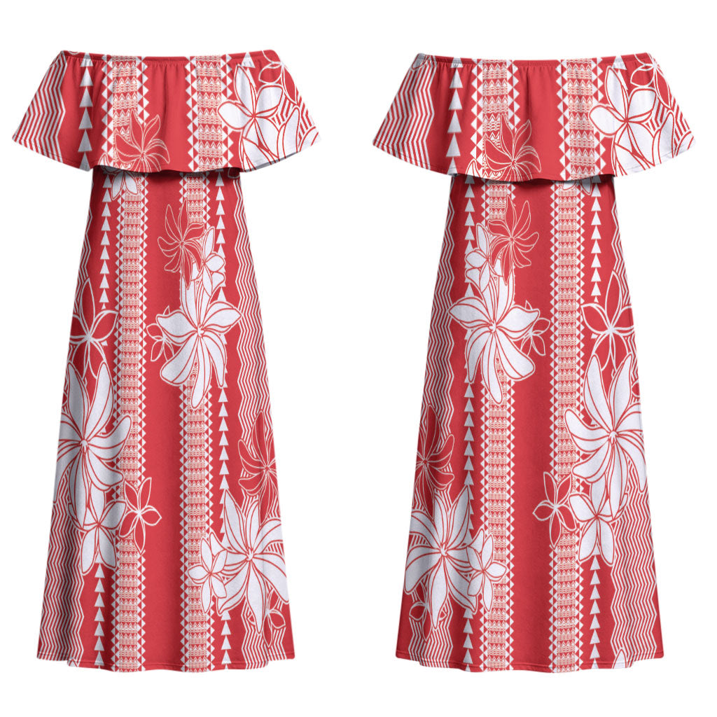 Hawaii Kakau Tribal Couples Matching Off Shoulder Maxi Dress and Long Sleeve Button Shirt With Red Tiare LT05