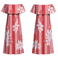 Hawaii Kakau Tribal Couples Matching Off Shoulder Maxi Dress and Long Sleeve Button Shirt With Red Tiare LT05