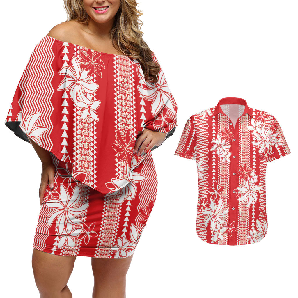 Hawaii Kakau Tribal Couples Matching Off Shoulder Short Dress and Hawaiian Shirt With Red Tiare LT05 Red - Polynesian Pride
