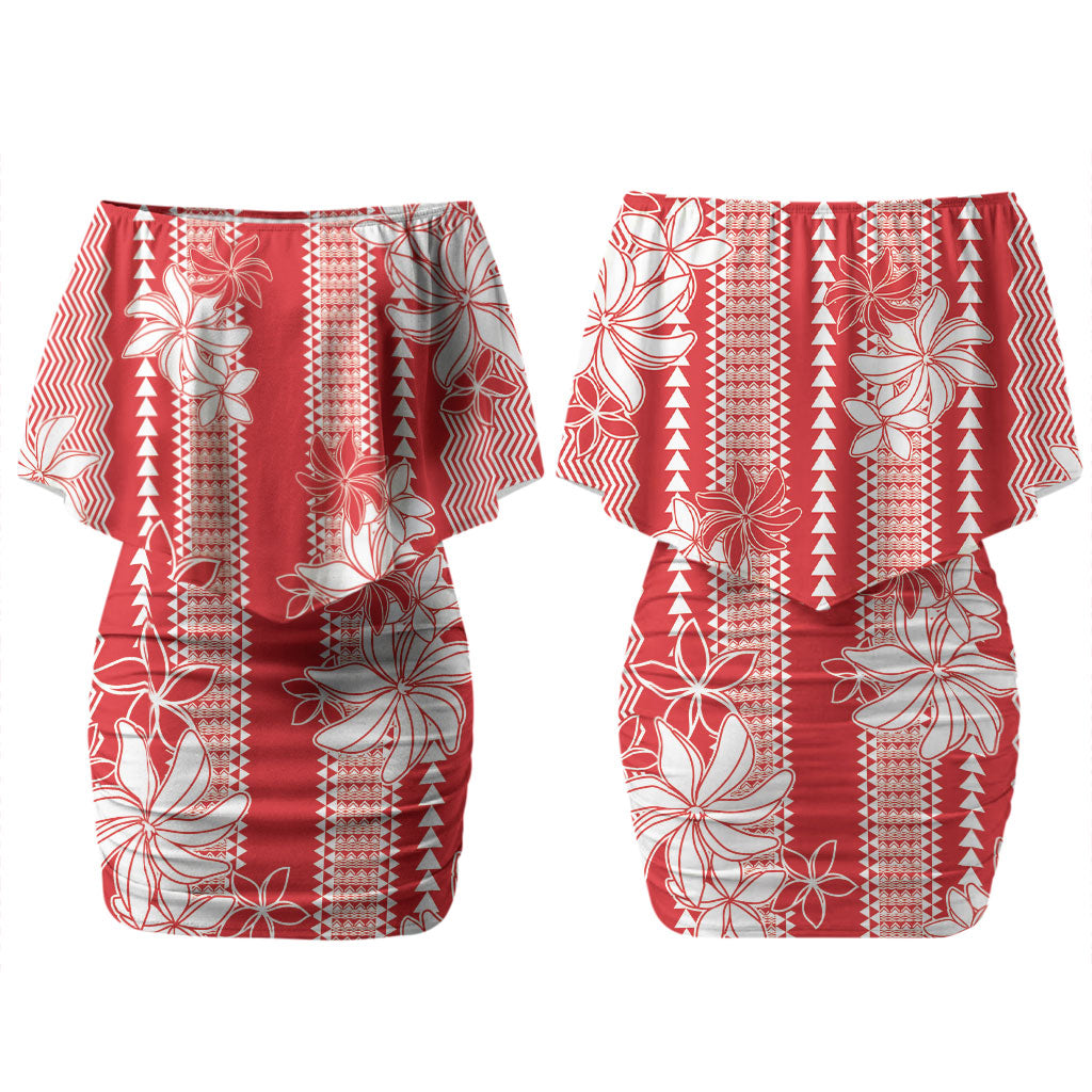 Hawaii Kakau Tribal Couples Matching Off Shoulder Short Dress and Long Sleeve Button Shirt With Red Tiare LT05