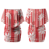 Hawaii Kakau Tribal Couples Matching Off Shoulder Short Dress and Long Sleeve Button Shirt With Red Tiare LT05