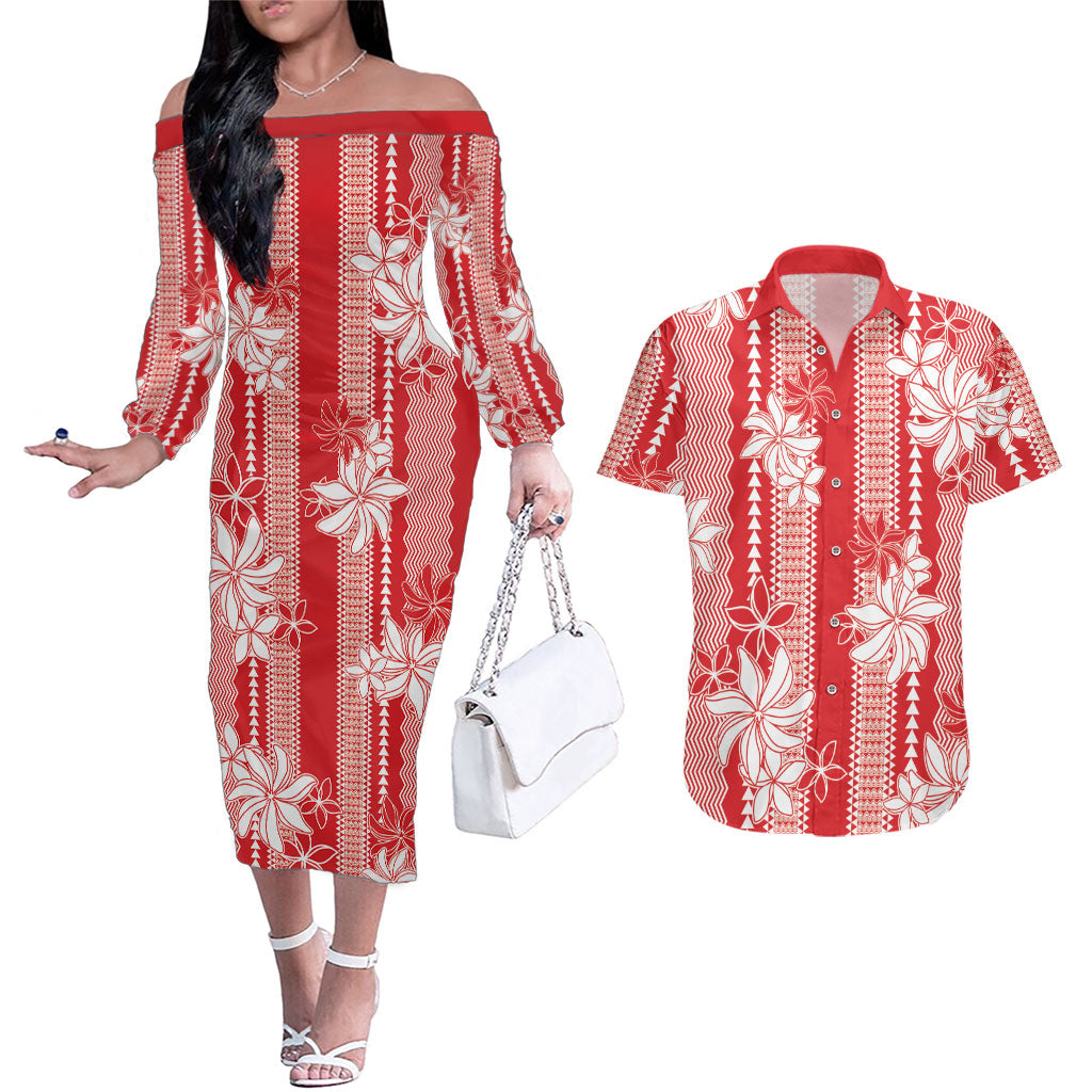 Hawaii Kakau Tribal Couples Matching Off The Shoulder Long Sleeve Dress and Hawaiian Shirt With Red Tiare