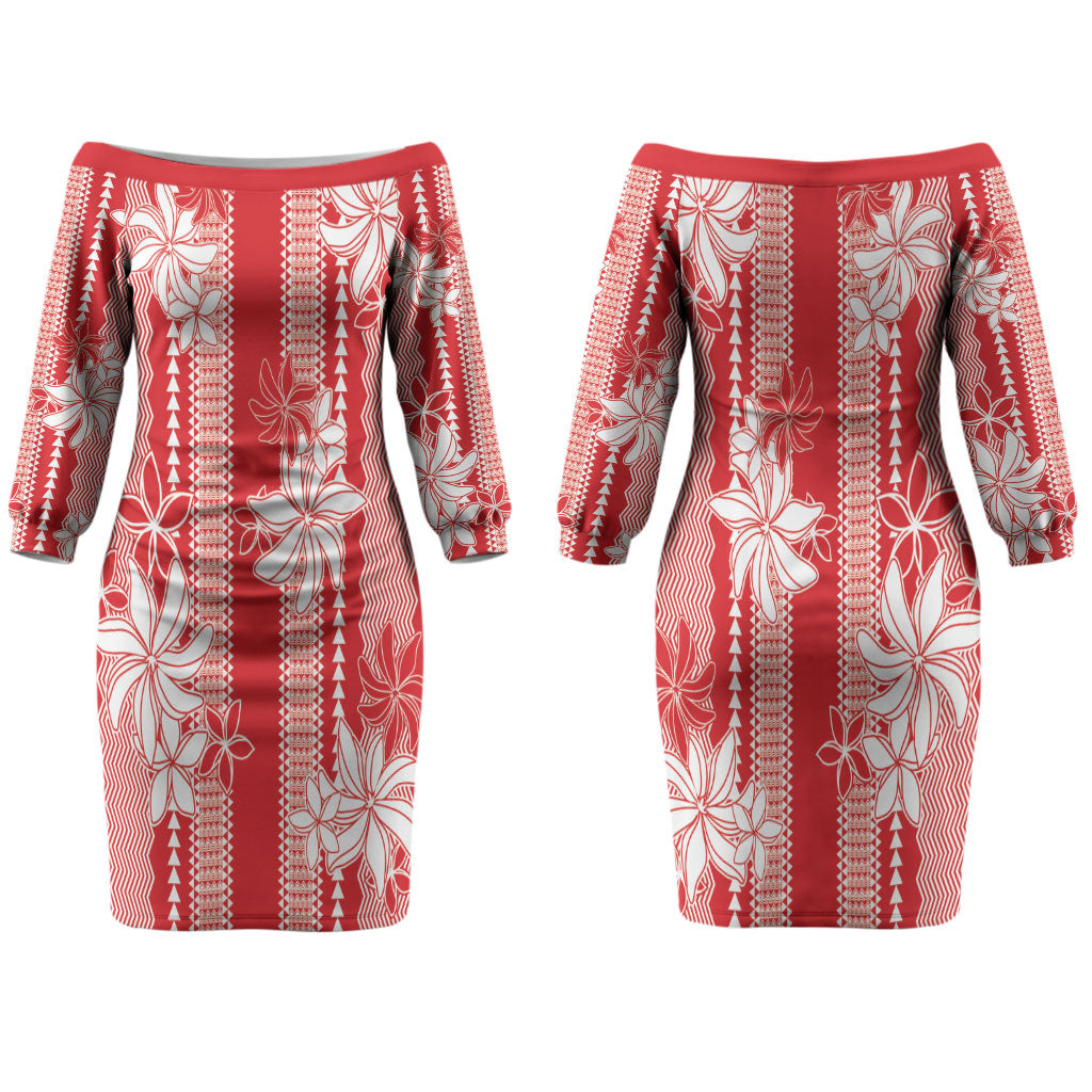 Hawaii Kakau Tribal Couples Matching Off The Shoulder Long Sleeve Dress and Hawaiian Shirt With Red Tiare LT05