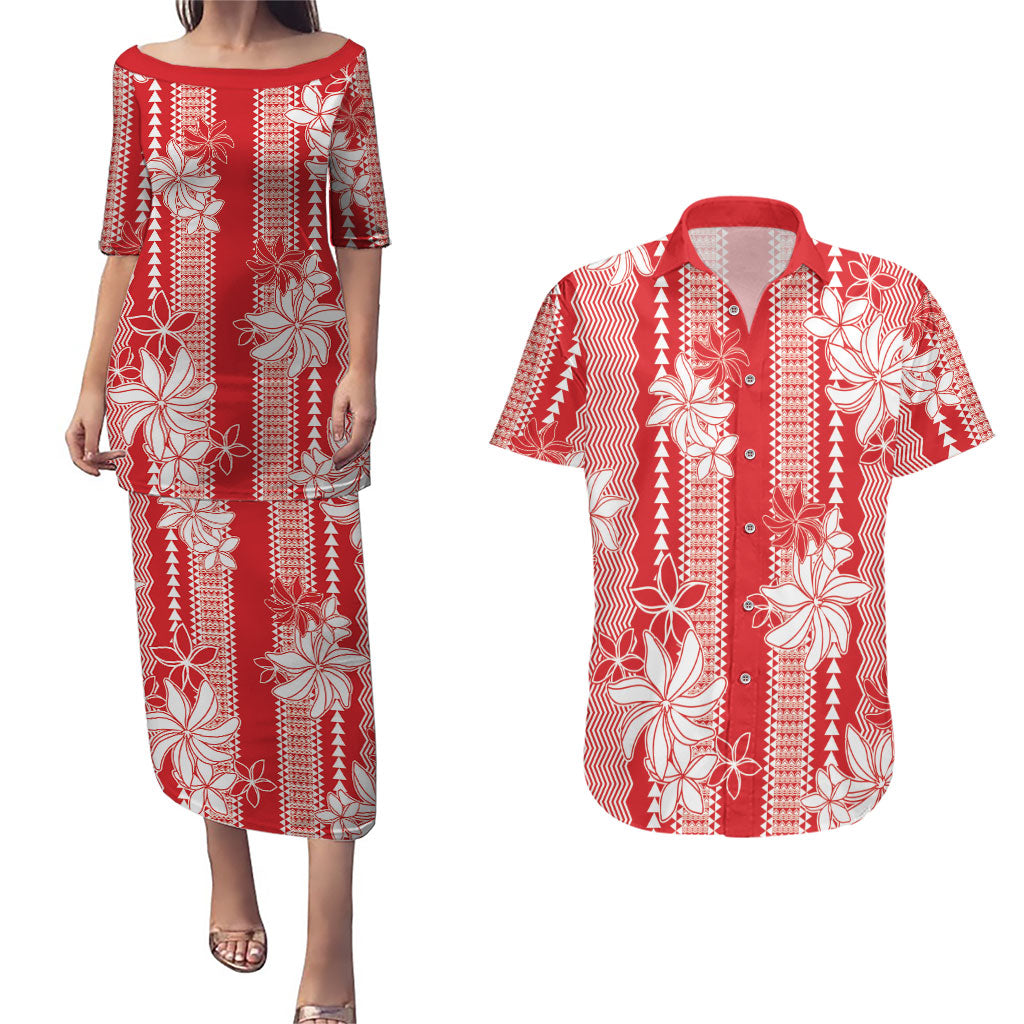 Hawaii Kakau Tribal Couples Matching Puletasi and Hawaiian Shirt With Red Tiare LT05 Red - Polynesian Pride