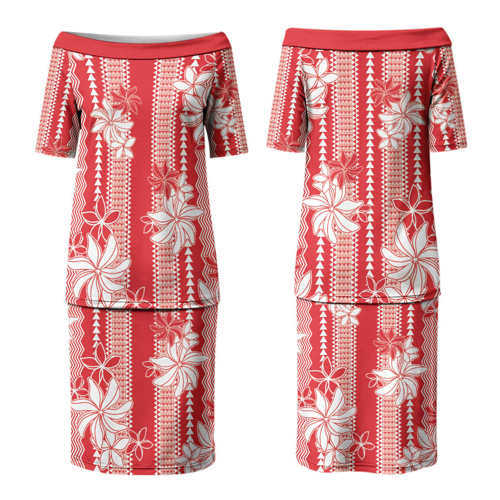 Hawaii Kakau Tribal Couples Matching Puletasi and Long Sleeve Button Shirt With Red Tiare LT05 - Polynesian Pride