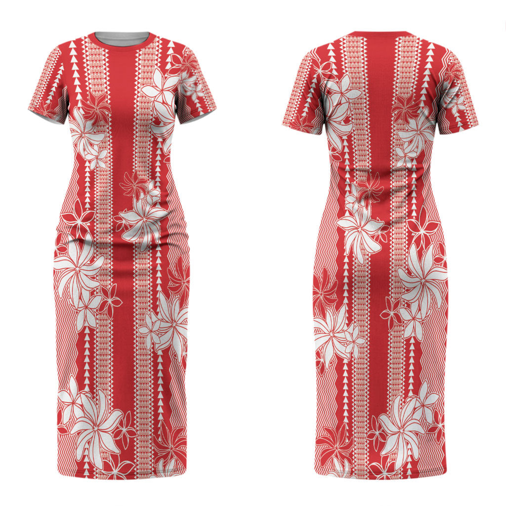 Hawaii Kakau Tribal Couples Matching Short Sleeve Bodycon Dress and Hawaiian Shirt With Red Tiare LT05