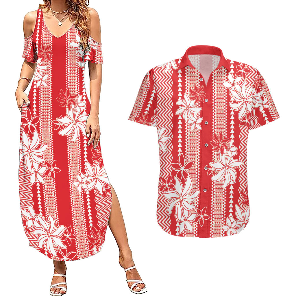 Hawaii Kakau Tribal Couples Matching Summer Maxi Dress and Hawaiian Shirt With Red Tiare