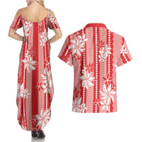 Hawaii Kakau Tribal Couples Matching Summer Maxi Dress and Hawaiian Shirt With Red Tiare