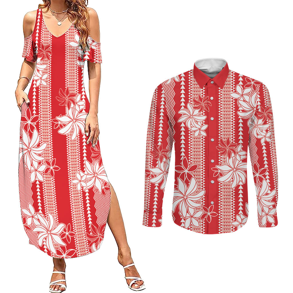 Hawaii Kakau Tribal Couples Matching Summer Maxi Dress and Long Sleeve Button Shirt With Red Tiare LT05 Red - Polynesian Pride