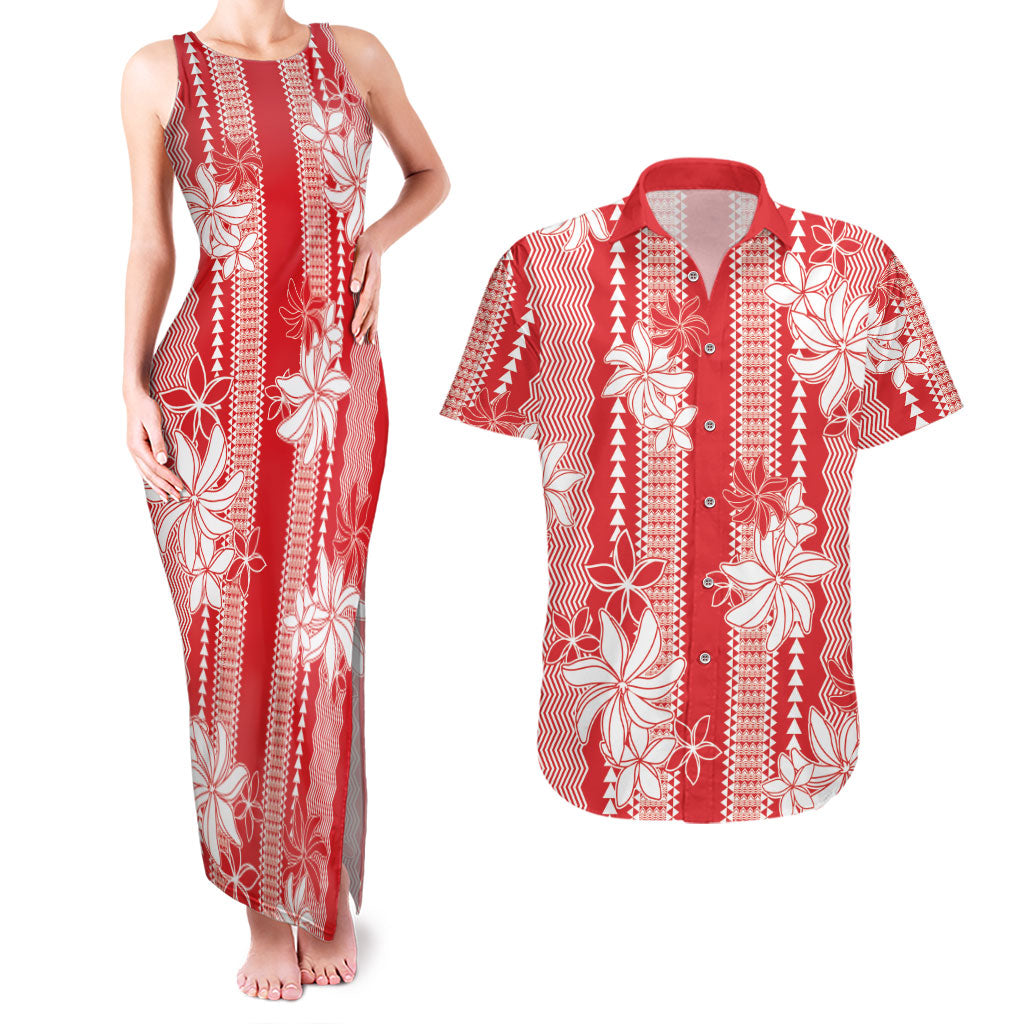 Hawaii Kakau Tribal Couples Matching Tank Maxi Dress and Hawaiian Shirt With Red Tiare