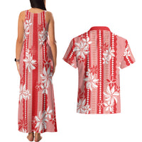 Hawaii Kakau Tribal Couples Matching Tank Maxi Dress and Hawaiian Shirt With Red Tiare