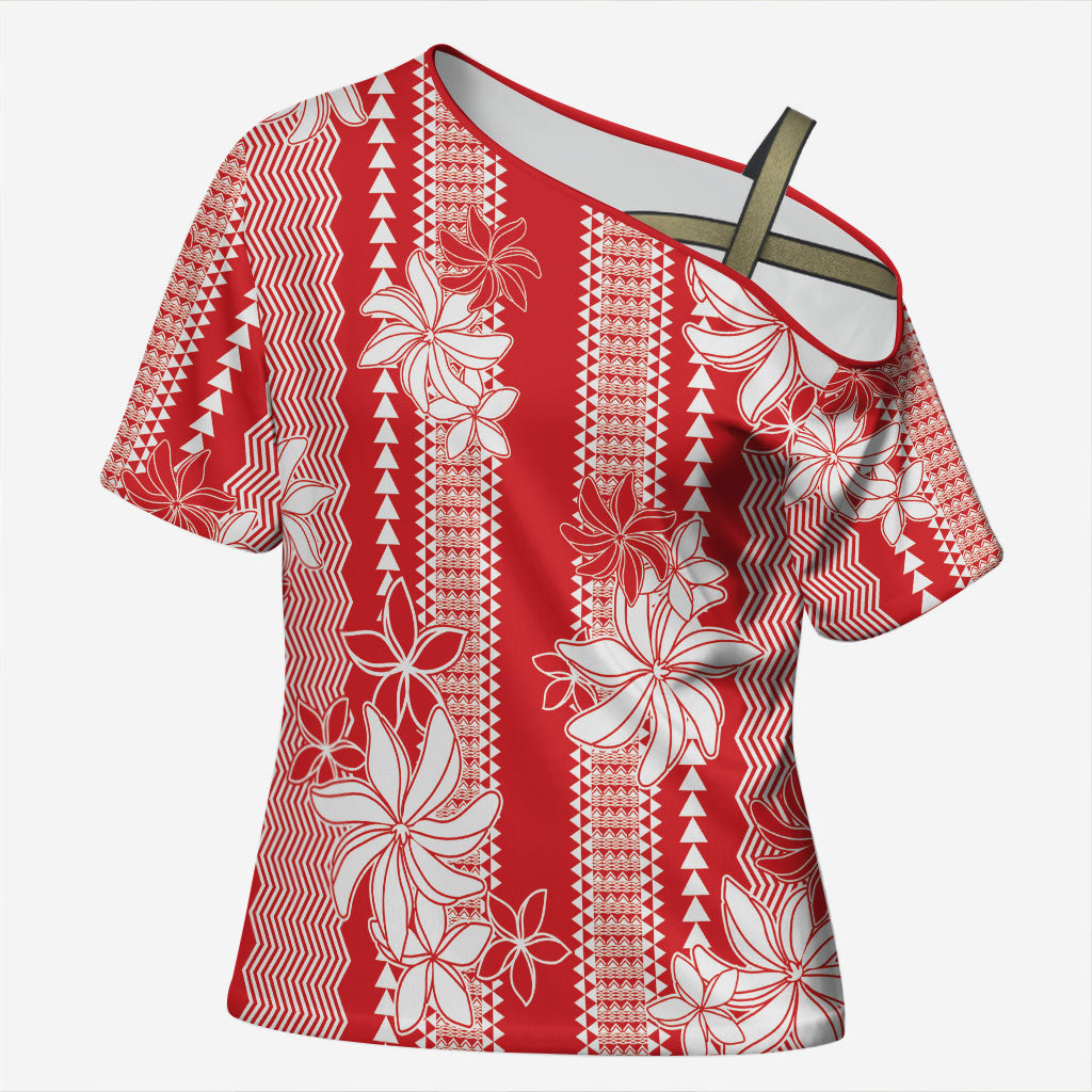 Hawaii Kakau Tribal Cross Shoulder Shirt With Red Tiare