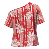 Hawaii Kakau Tribal Cross Shoulder Shirt With Red Tiare
