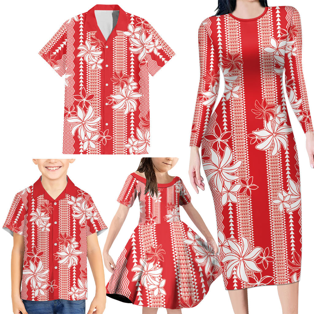 Hawaii Kakau Tribal Family Matching Long Sleeve Bodycon Dress and Hawaiian Shirt With Red Tiare