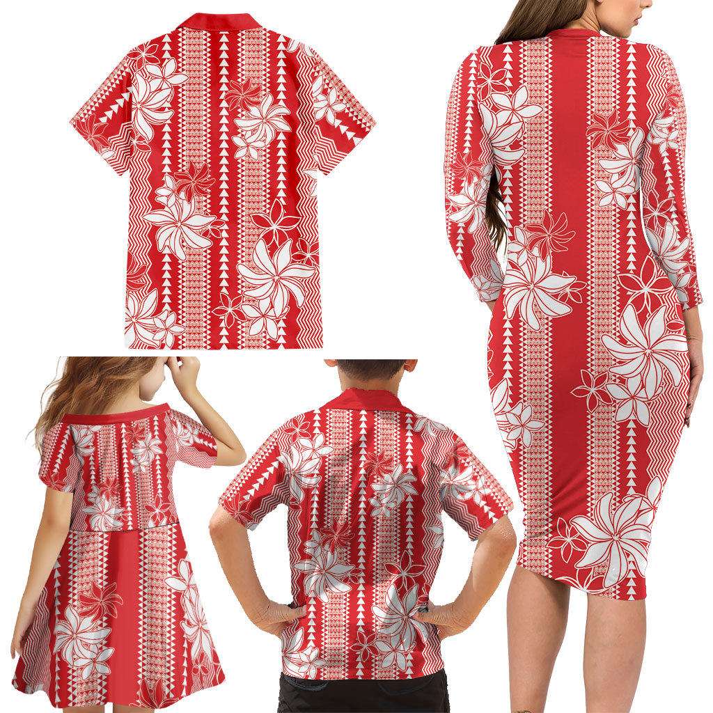 Hawaii Kakau Tribal Family Matching Long Sleeve Bodycon Dress and Hawaiian Shirt With Red Tiare