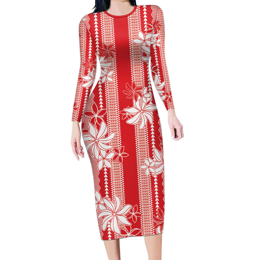 Hawaii Kakau Tribal Family Matching Long Sleeve Bodycon Dress and Hawaiian Shirt With Red Tiare