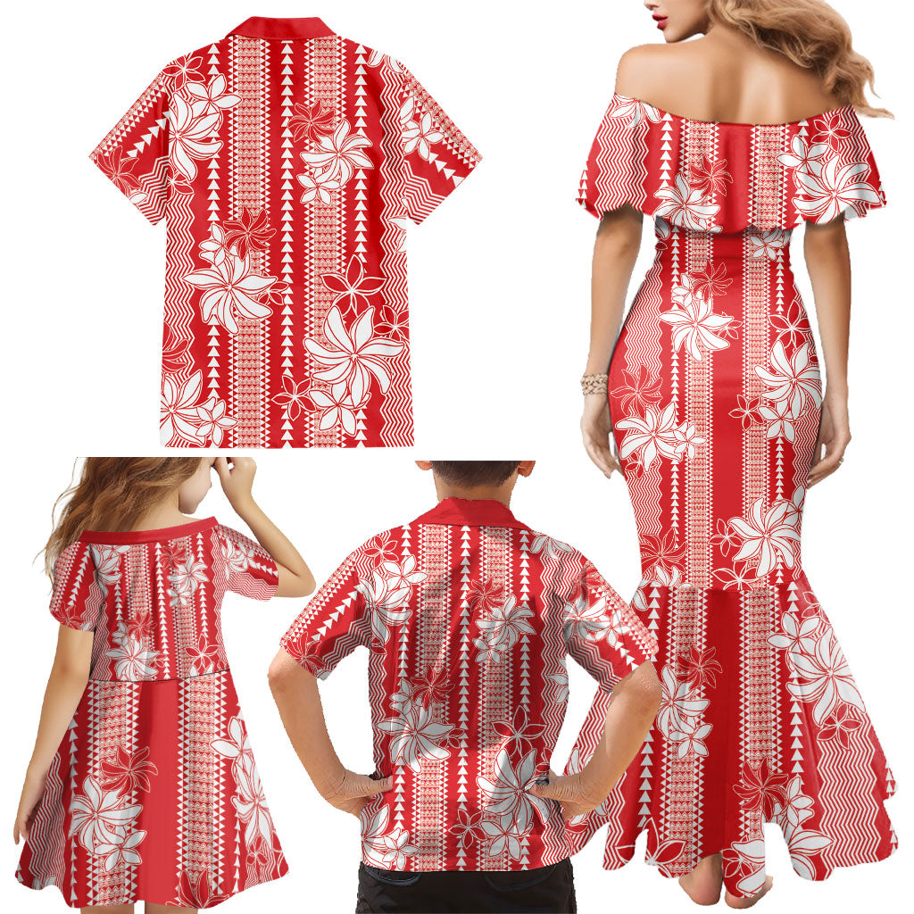 Hawaii Kakau Tribal Family Matching Mermaid Dress and Hawaiian Shirt With Red Tiare