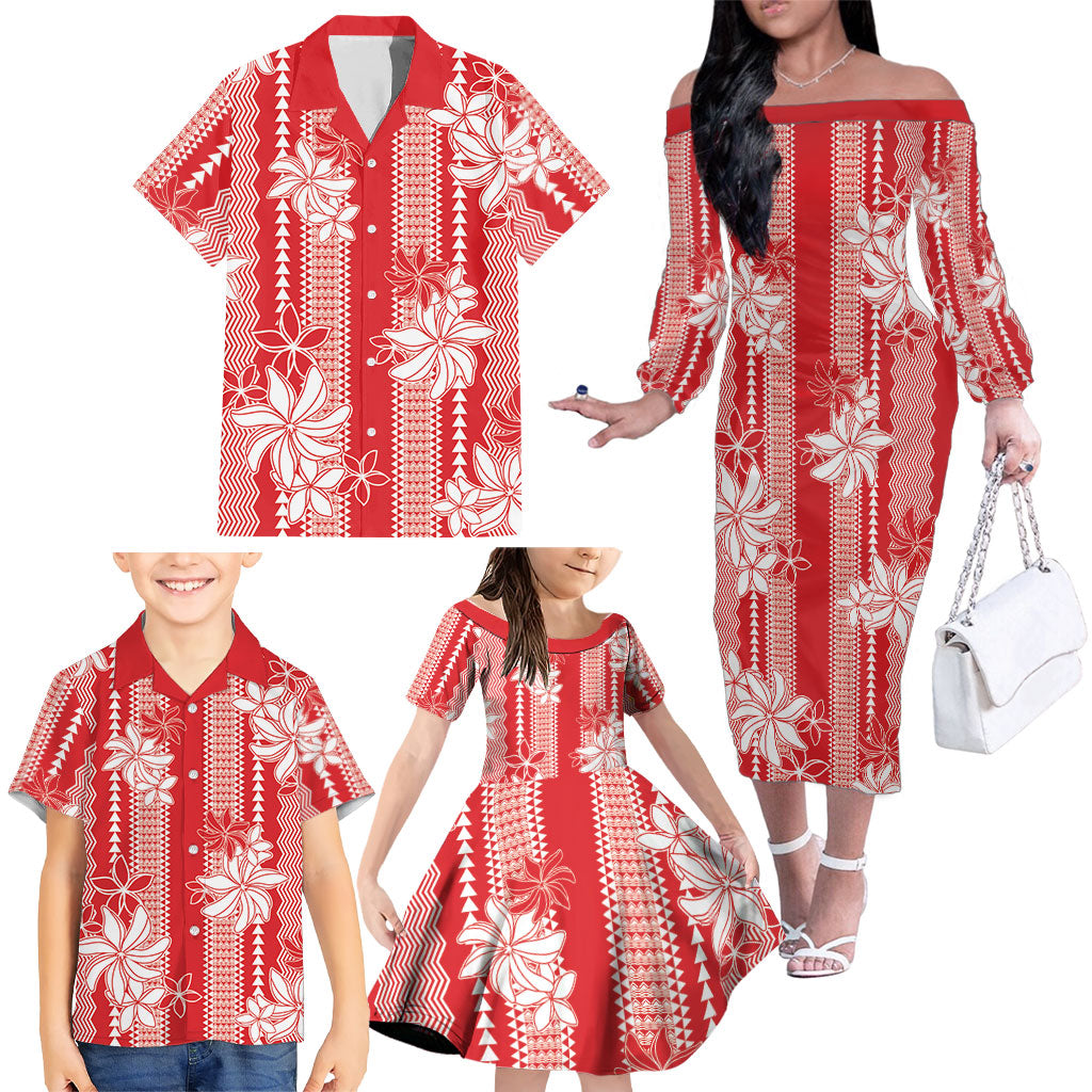Hawaii Kakau Tribal Family Matching Off The Shoulder Long Sleeve Dress and Hawaiian Shirt With Red Tiare LT05 - Polynesian Pride