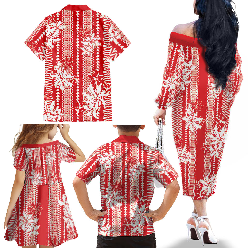 Hawaii Kakau Tribal Family Matching Off The Shoulder Long Sleeve Dress and Hawaiian Shirt With Red Tiare