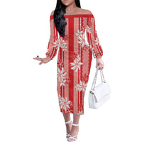 Hawaii Kakau Tribal Family Matching Off The Shoulder Long Sleeve Dress and Hawaiian Shirt With Red Tiare