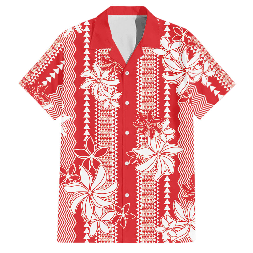 Hawaii Kakau Tribal Family Matching Off Shoulder Short Dress and Hawaiian Shirt With Red Tiare