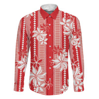 Hawaii Kakau Tribal Family Matching Off Shoulder Short Dress and Hawaiian Shirt With Red Tiare