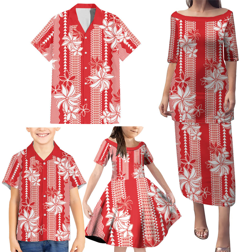 Hawaii Kakau Tribal Family Matching Puletasi and Hawaiian Shirt With Red Tiare LT05 - Polynesian Pride