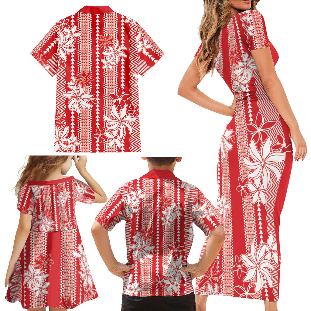 Hawaii Kakau Tribal Family Matching Short Sleeve Bodycon Dress and Hawaiian Shirt With Red Tiare