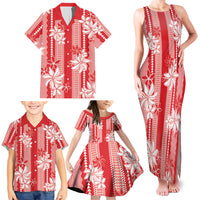 Hawaii Kakau Tribal Family Matching Tank Maxi Dress and Hawaiian Shirt With Red Tiare