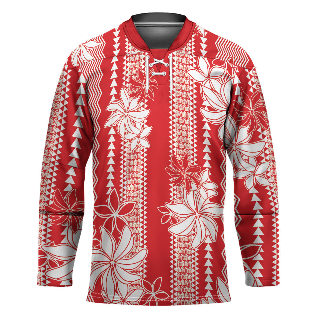 Hawaii Kakau Tribal Hockey Jersey With Red Tiare LT05 Unisex Red - Polynesian Pride