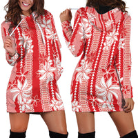 Hawaii Kakau Tribal Hoodie Dress With Red Tiare