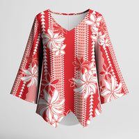 Hawaii Kakau Tribal Kimono Sleeve Blouse With Red Tiare