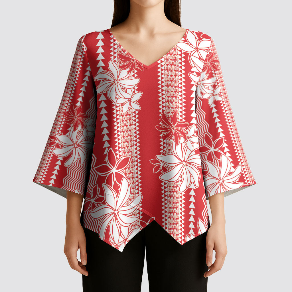 Hawaii Kakau Tribal Kimono Sleeve Blouse With Red Tiare