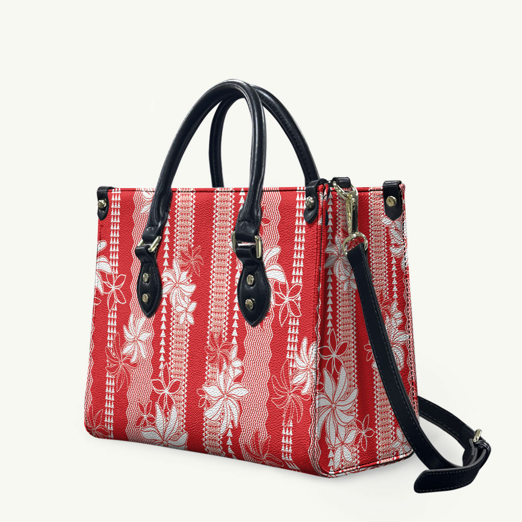 Hawaii Kakau Tribal Leather Bag With Red Tiare