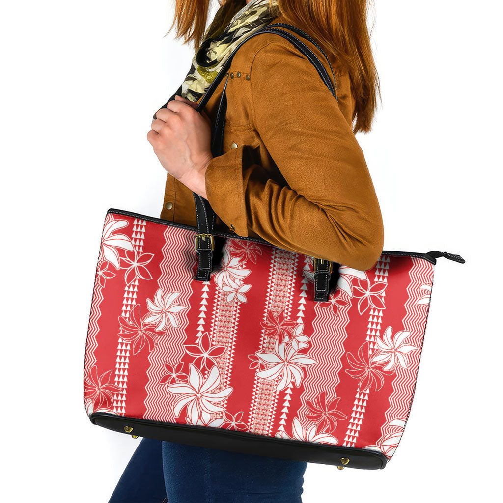 Hawaii Kakau Tribal Leather Tote Bag With Red Tiare