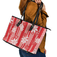 Hawaii Kakau Tribal Leather Tote Bag With Red Tiare