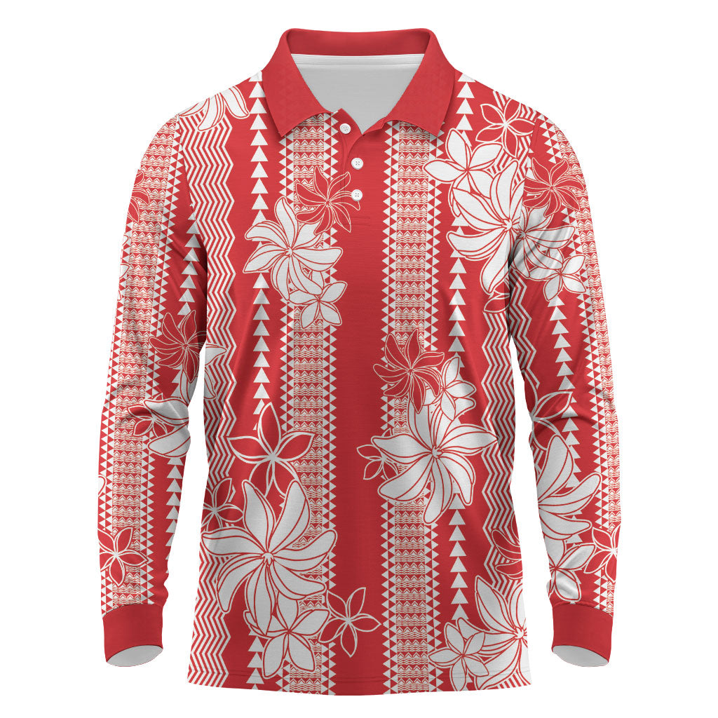 Hawaii Kakau Tribal Long Sleeve Polo Shirt With Red Tiare