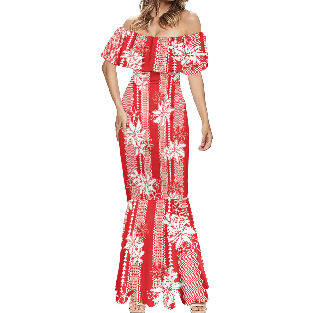 Hawaii Kakau Tribal Mermaid Dress With Red Tiare LT05 - Polynesian Pride