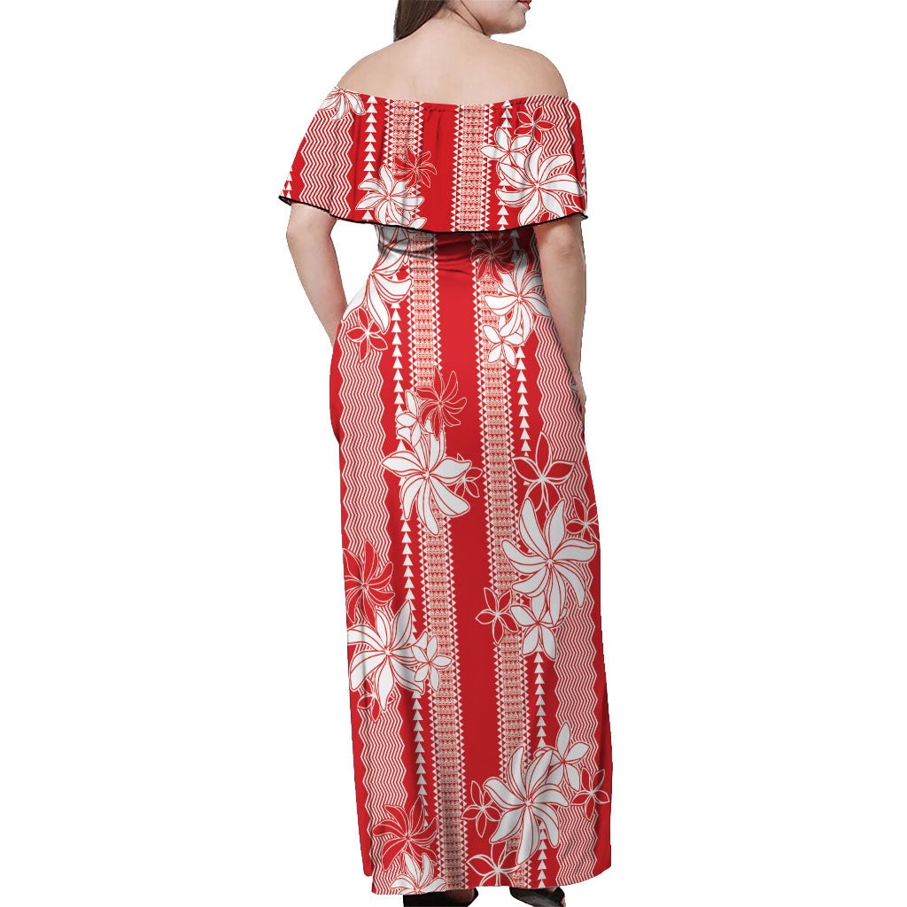 Hawaii Kakau Tribal Off Shoulder Maxi Dress With Red Tiare LT05 - Polynesian Pride