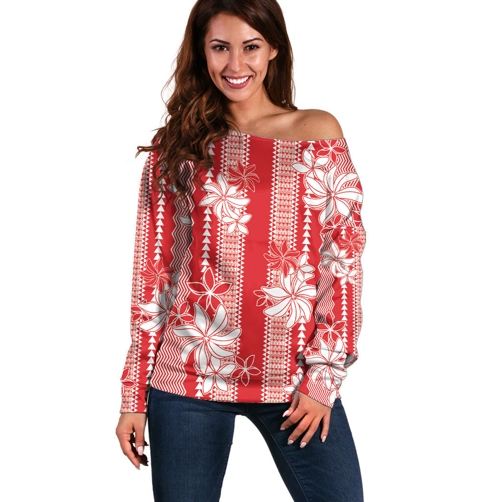 Hawaii Kakau Tribal Off Shoulder Sweater With Red Tiare LT05 Women Red - Polynesian Pride