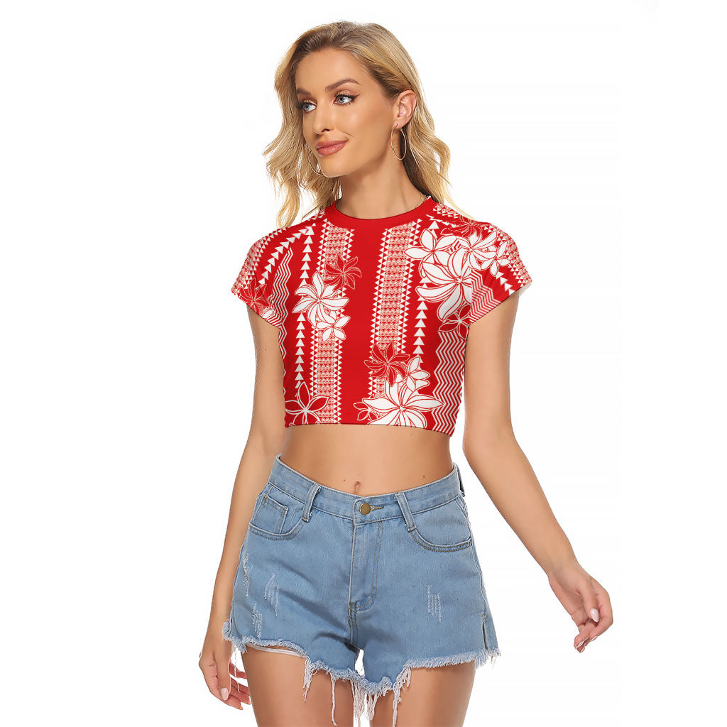 Hawaii Kakau Tribal Raglan Cropped T Shirt With Red Tiare LT05 Female Red - Polynesian Pride