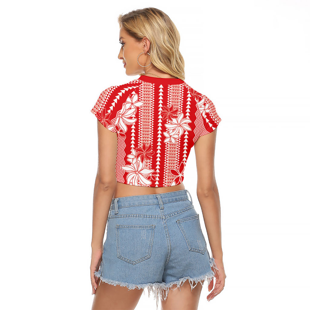 Hawaii Kakau Tribal Raglan Cropped T Shirt With Red Tiare LT05 - Polynesian Pride