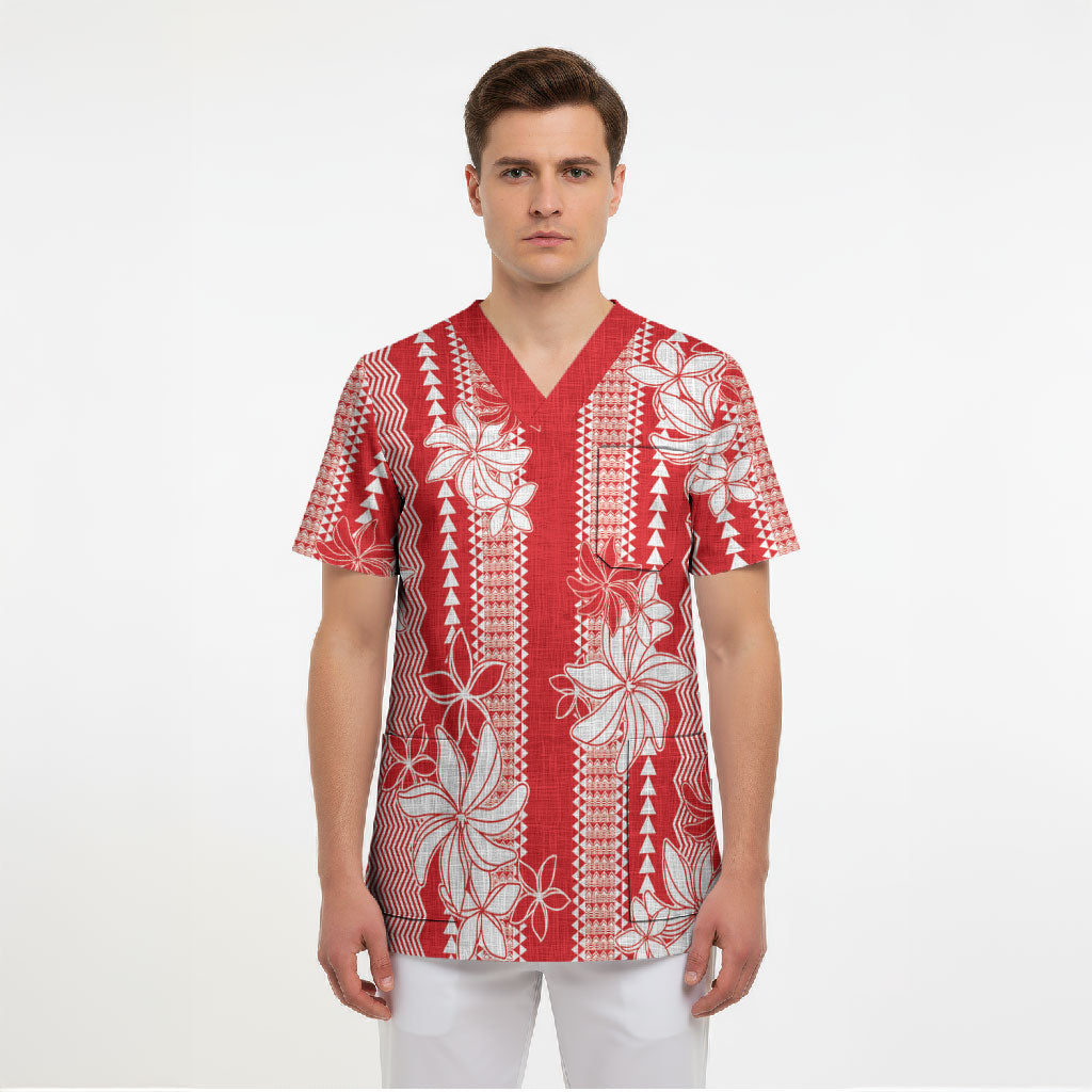 Hawaii Kakau Tribal Scrub Top With Red Tiare