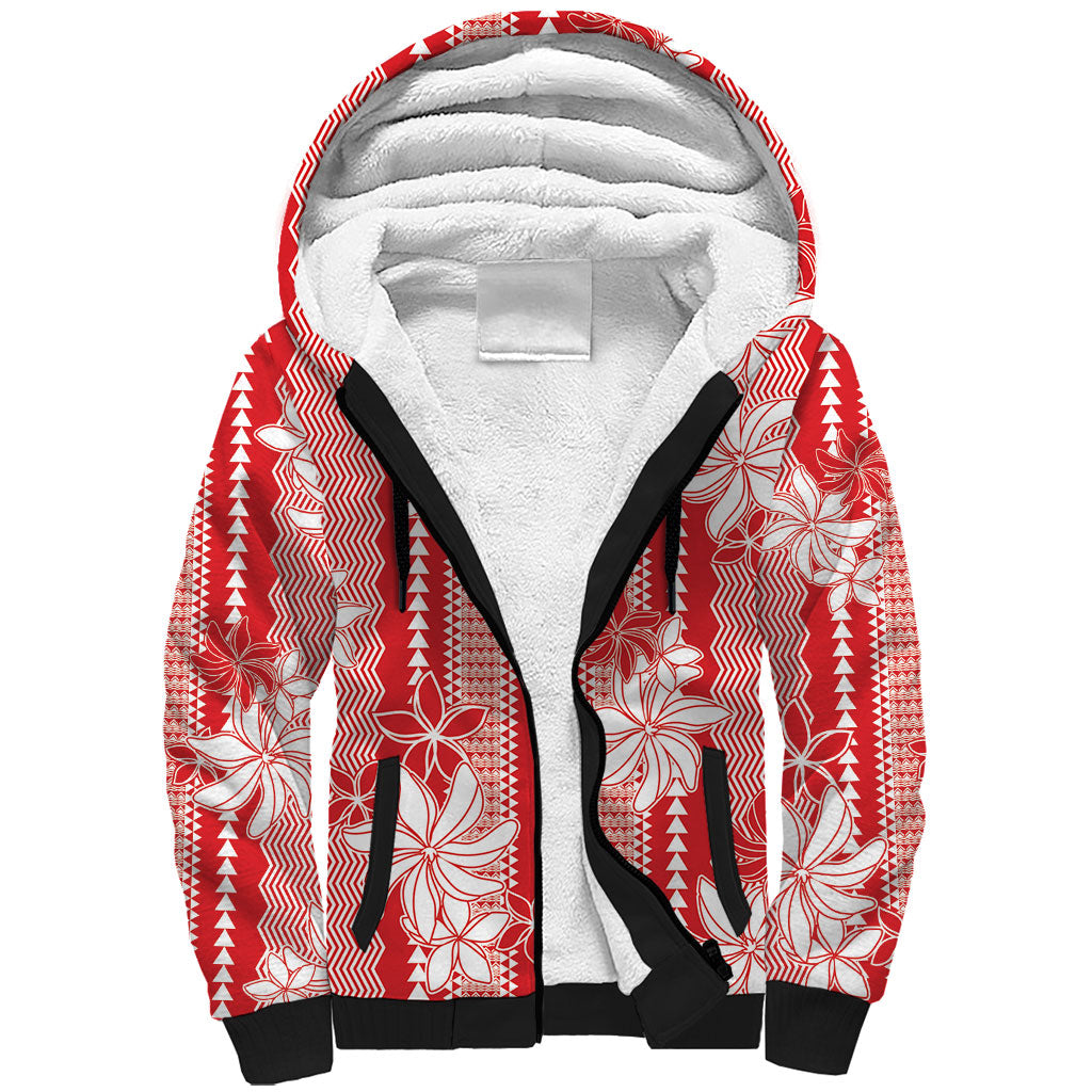 Hawaii Kakau Tribal Sherpa Hoodie With Red Tiare LT05 Unisex Red - Polynesian Pride