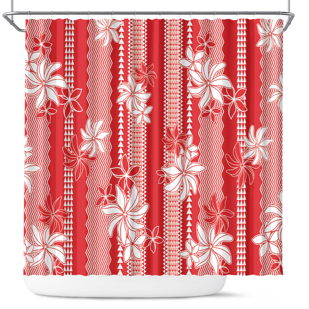 Hawaii Kakau Tribal Shower Curtain With Red Tiare LT05 Red - Polynesian Pride
