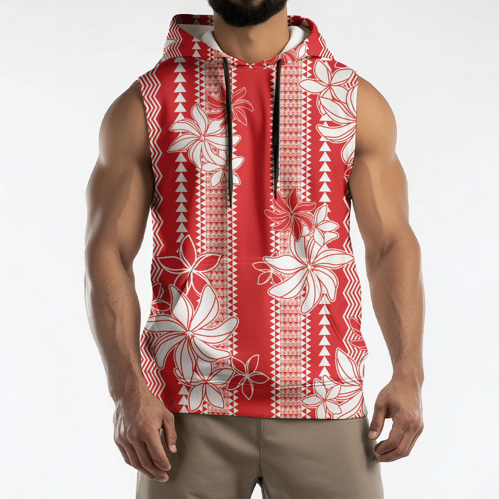 Hawaii Kakau Tribal Sleeveless Hoodie With Red Tiare LT05 - Polynesian Pride