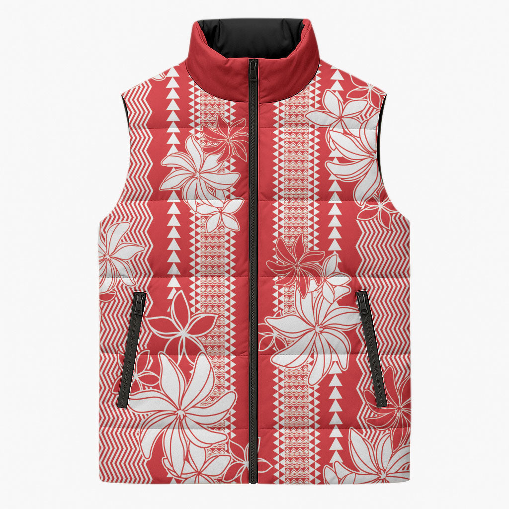 Hawaii Kakau Tribal Sleeveless Puffer Jacket With Red Tiare